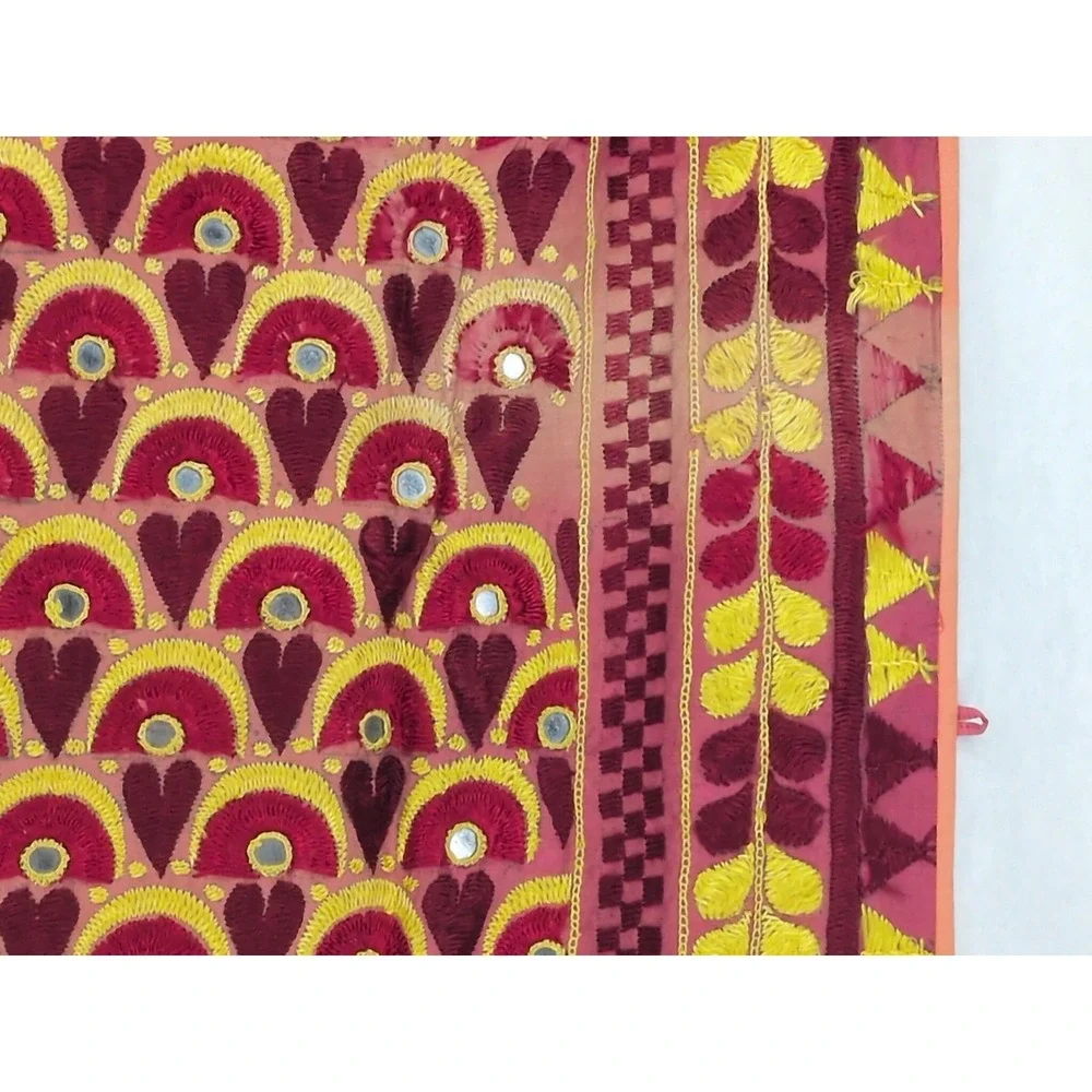 VTG Mirror Work Wall Hanging Embroidered Pink Red Hearts Tapestry India 32